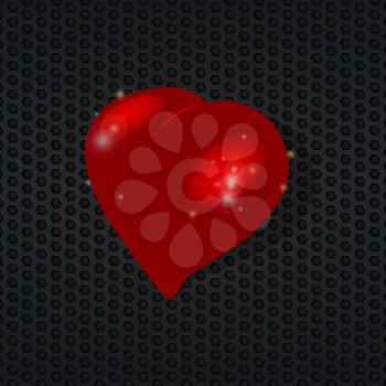 3D Illustration of Love Red Heart Over Metallic Honeycomb Background with Lens Flares