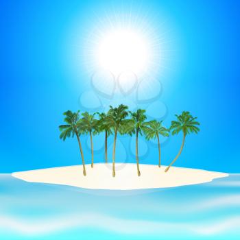 Tropical Island with Palm Trees and Blue Sunny Sky Background