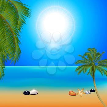 Tropical Sunny Beach Background with Palm Trees Pebbles and Starfish
