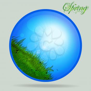 Glossy Glass Sphere with Sunny Sky and Grass with Floral Spring Text 