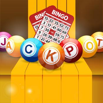3D Illustration of Jackpot Bingo Lottery Balls and Red Cards Over Golden Yellow Step with Stripes
