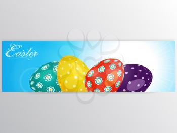 Decorated Easter Eggs Over Blue Sky with Text Banner 