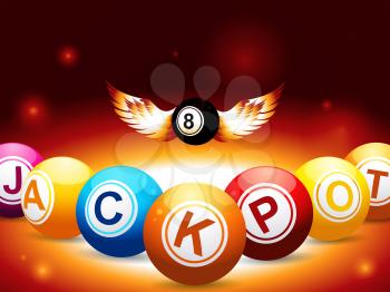 Bingo Lottery Balls with Letters Composing Jackpot Word and Number 8 Black Ball with Wings Over Glowing Background
