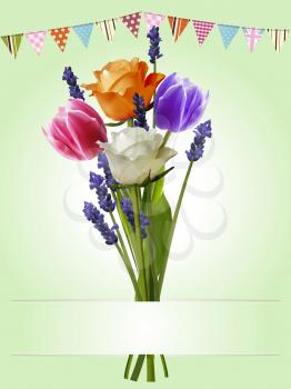 3D Illustration of a Bunch of Roses Tulips and Lavender with Buntings and Copy Space Banner