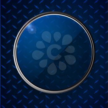 3D Illustration of Glass Circle with Metallic Border and Lens Flares Over Blue Metallic Diamond Plate
