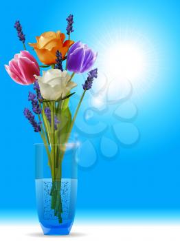 3D Illustration of a Bunch of Roses Tulips and Lavender in a Glass Vase Over Blue Sunny Sky