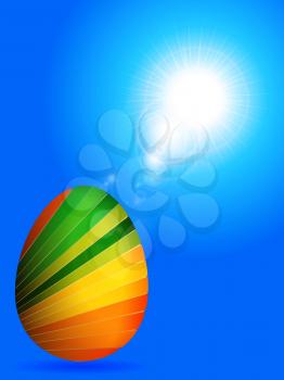 3D Illustration of Striped Easter Egg Over Blue Sunny Sky Background with Lens Flares