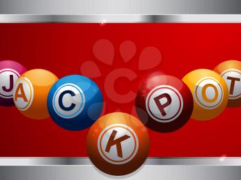 Bingo Lottery Balls Forming the Word Jackpot Over Deep Red Background with Metallic Frame