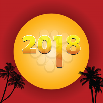 Twenty Eighteenth 2018 Decorative Golden date Over Big Moon on Red Background with Palm Trees