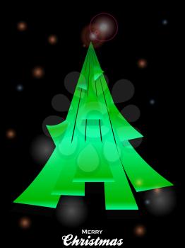 3D Illustration of Abstract Green Christmas Tree Made of Curved Stripes Over Black Glowing Festive Background with Decorative Text