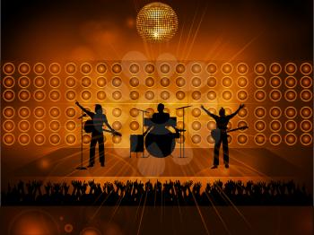 Rock Pop Music Band Silhouette on Stage with Loudspeakers Disco Ball and Crowd On Glowing Background