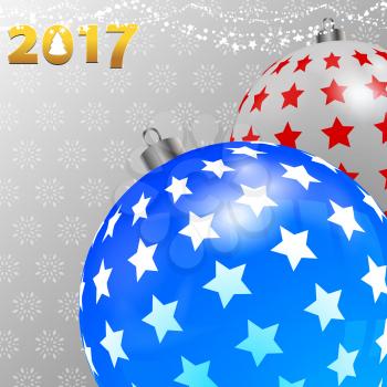 3D Illustration of Christmas Decorated Baubles White and Blue with Stars Over White and Gray Background with Snowflakes and Date in Golden Numbers With Cut Out Christmas Tree