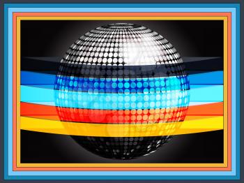 3D Illustration of Silver Disco Ball Wrapped in Multicoloured Stripes Over Black Background with Rainbow Frame
