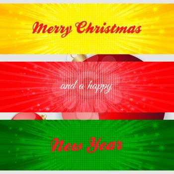 Merry Christmas and a Happy New Year Decorative Text Over Three Panels with Star Burst on White Background with Red Christmas Baubles