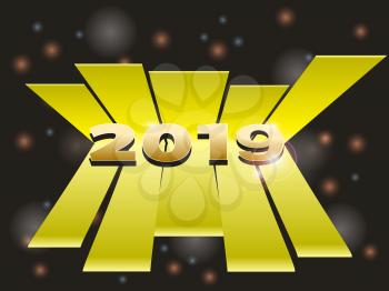 3D Illustration of New Year 2019 Golden Numbers Over 3D Stripes on Glowing Black Background