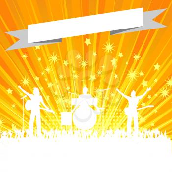 Music Band White Silhouette with Crowd and Blank Banner Over Yellow Star Burst Background