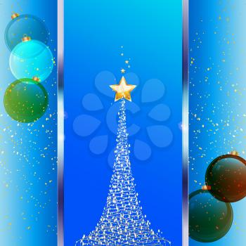 Christmas Festive Blue Background with Metallic Panel Abstract Tree star and Glass Baubles