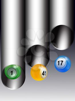 3D Illustration of Trio of Bingo Lottery Balls Coming Out From Metallic Tubes Over Gray Background