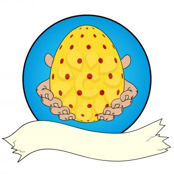 Hand Drawn Yellow Decorated Easter Egg in Hands Over Blue Border with Blank Banner