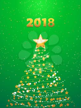 Abstract Christmas Tree with Golden Stars Over Green Festive Background with Decorative Golden 2018 in Numbers