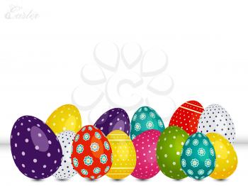 3D Illustration of Decorated Easter Eggs with Shadow and Decorative Text Over White Background