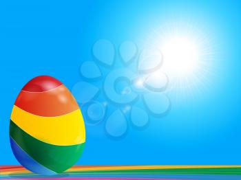 3D Illustration of Colourful Easter Egg On Rainbow Surface Over Blue Sunny Sky with Lens Flares