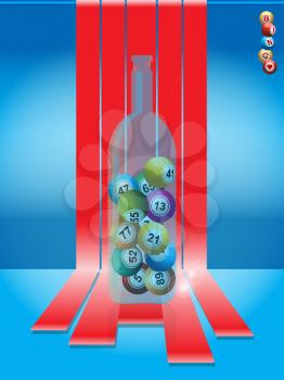 Bingo Lottery Balls in a Glass Bottle Over Red Stripes and Blue Background