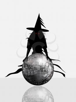 Withe Halloween Background with Spooky Witch Black Silhouette with Red Eyes Holding a Silver Disco Ball