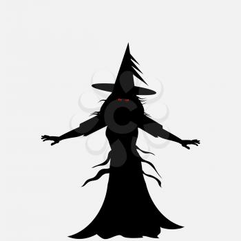 Halloween Black Silhouette of a Scary Witch with Red Evil Eyes Over Withe Background