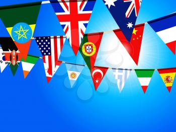 Colorful World Flags Bunting Over Deep Blue Sunny Sky Background