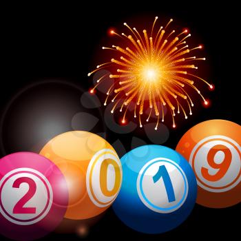 3D Illustration of Bingo Lottery Balls with 2019 New Years Numbers Over Black Background with Fireworks