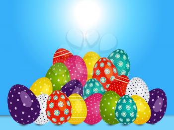 3D Illustration of Multiple Decorated Easter Eggs with Shadows Over Blue Sunny Sky
