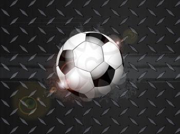 3D Illustration of Soccer Football On Black Metallic Diamond Plate with Grunge Details and Lens Flares