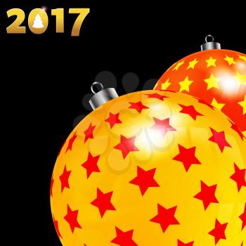 3D Illustration of Christmas Decorated Baubles Red and Yellow with Stars Over Black Background with Date in Golden Numbers and Cut Out Christmas Tree