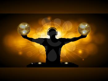 Golden Glowing Panel with DJ Silhouette Records Deck and Disco Balls Over Dark Brown Background