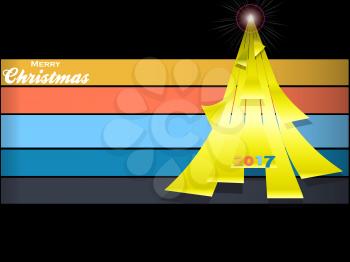3D Illustration of Yellow Christmas Tree Made of Curved Stripes Over Multicoloured Horizontal Stripes and Decorative Text