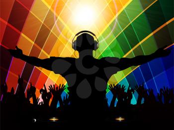 Silhouette of a DJ and Crowd with Record Decks Over Multicoloured Background with Lens Flares