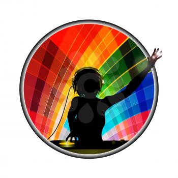 Female DJ Silhouette with Record Deck and Headphone Over Multicoloured Metallic Border on White