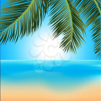 Illustration of Tropical Sunrise on the Beach with Palm Tree and Lens Flares
