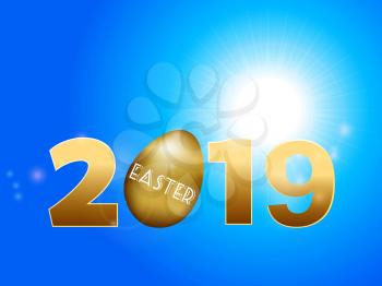 Golden 2019 Easter Date with Egg Instead of Zero Over Blue Sunny Sky Background and Lens Flares