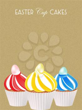 Easter Cup Cake Decorated With Mini Eggs Over Textured Brown Background With Decorative Text