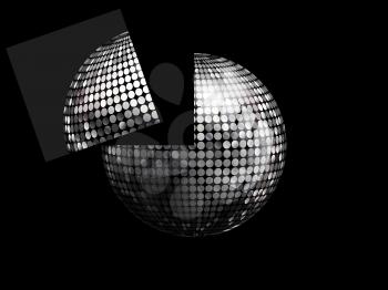3D Illustration of Silver Disco Ball With a Portion of it Flying Away Over Black Background