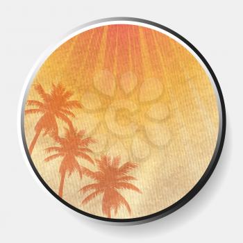3D Illustration of Abstract Tropical Summer Scene With Palm Trees Over Crumbled Material In a Metallic Circular Border