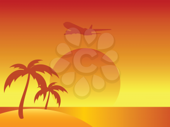 Abstract Orange and Yellow Summer Background With Silhouette Palm Trees and Airplane Over Sunset From a Tropical Island