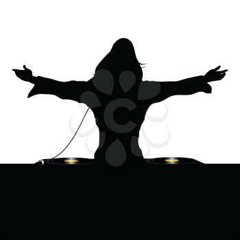 Black Silhouette Of Female DJ Operating On A Record Decks Over White Background