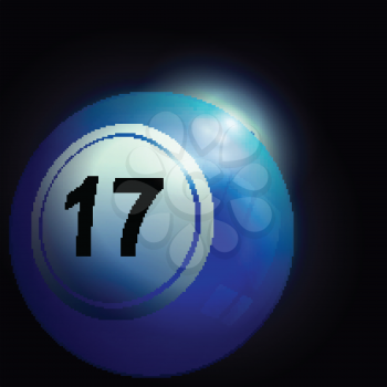 3d Illustration Of Blue Bingo Lotto Lottery Ball Number 17 Into Deep Black Space With Sunrise And Lens Flares