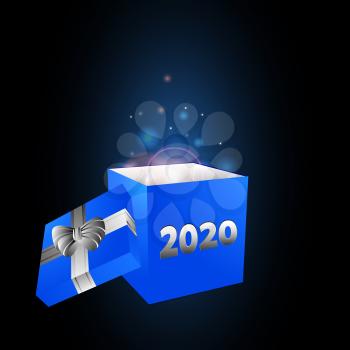 3D Illustration Of New Years Blue Gift Box With Ribbon Bow And 2020 Date With Glowing Matter Coming Out Of It Over Black And Blue Background