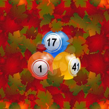 3D Illustration Of Trio Of Bingo Lottery Balls Over Autumn Red Brawn And Yellow Fallen Leafs Background