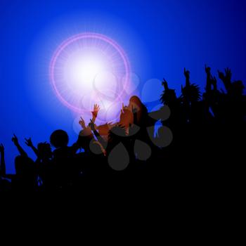 Festival Party Concert Crowd Black Silhouette With Lens Flares Over Dark Blue Background