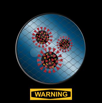 Molecule Of Virus Contained With Metallic Net Inside Circular Border Over Black Background With Yellow Warning Sign